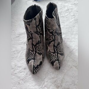 Franco Sarto Black and Cream Snake Print Ankle Boots